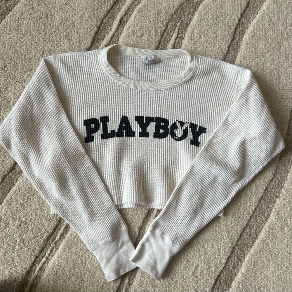PLAYBOY White Crew Neck Cropped Sweater